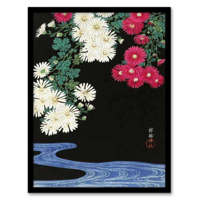 Artery8 Ohara Koson Framed Wall Art Print Chrysanthemums & Running Water in Pink - Size: A4 - image 1