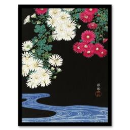 Artery8 Ohara Koson Framed Wall Art Print Chrysanthemums & Running Water in Pink - Size: A4 - thumbnail 1