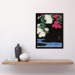 Artery8 Ohara Koson Framed Wall Art Print Chrysanthemums & Running Water in Pink - Size: A4 - thumbnail 2