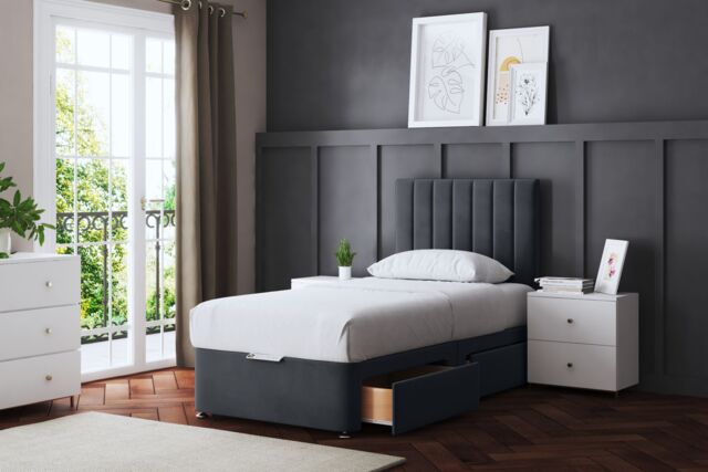 DS Living Amelia Upholstered Steel Panel 4 Draw Divan Bed with Headboard in Grey - Size: King - image 1