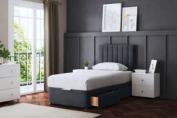 DS Living Amelia Upholstered Steel Panel 4 Draw Divan Bed with Headboard in Grey - Size: King