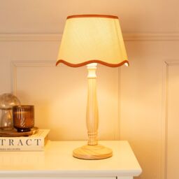 ValueLights Victoria Light Wood Candlestick Table Lamp with Linen Scallop Trim Tapered Shade in Burnt Orange - thumbnail 1