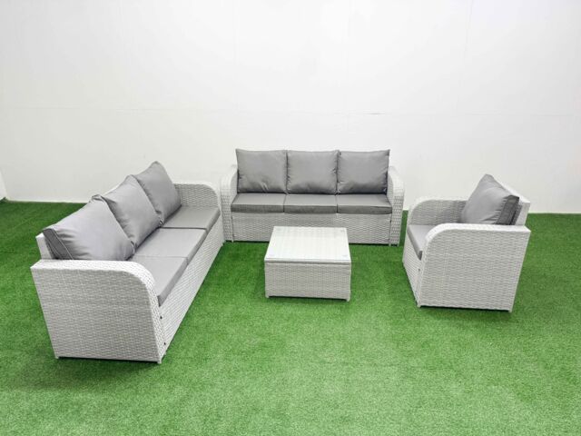 Fimous 7 Seater Poly Rattan Outdoor Garden Furniture Square Coffee Table Sofa Set Patio 3 Seater Sofa Reclining Chair 3 Seater Sofa Light Grey - image 1