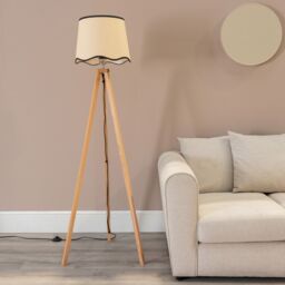 ValueLights Barbro Light Wood Tripod Floor Lamp with Linen Scallop Edge Shade & LED Bulb in Black - thumbnail 3