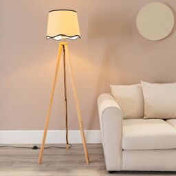 ValueLights Barbro Light Wood Tripod Floor Lamp with Linen Scallop Edge Shade & LED Bulb in Black - thumbnail 1