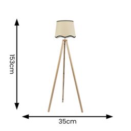 ValueLights Barbro Light Wood Tripod Floor Lamp with Linen Scallop Edge Shade & LED Bulb in Black - thumbnail 4