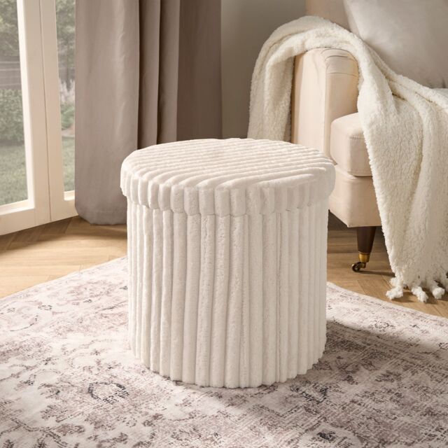 OHS Storage Box Lid Ottoman Folding Ribbed Fleece Footstool Tub in Cream - image 1