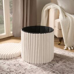 OHS Storage Box Lid Ottoman Folding Ribbed Fleece Footstool Tub in Cream - thumbnail 2