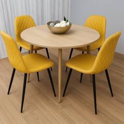 KOSY KOALA Modern Round Table Set With 4 Mustard Faux Leather Chairs