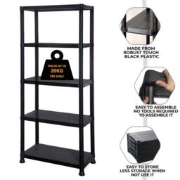 FORGEVIO 5 Tier Plastic Shelving Home Storage Unit Shelves in Black - thumbnail 3
