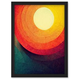 Artery8 Abstract Sunrise Sunset Sunshine Retro Style Yellow Orange Cream Teal Artwork Framed Wall Art Print A4 in Black - thumbnail 1