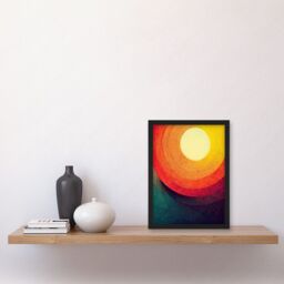 Artery8 Abstract Sunrise Sunset Sunshine Retro Style Yellow Orange Cream Teal Artwork Framed Wall Art Print A4 in Black - thumbnail 2