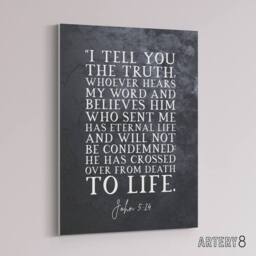 "Artery8 John 5 24 Whoever Hears My Word & Bible Quote Canvas Wall Art Print in Grey - Size: W18"" x H24""" - thumbnail 2