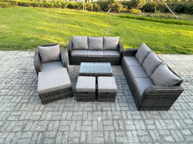 Fimous 10 Seater Rattan Lounge Sofa Set Outdoor Garden Furniture Set with Rectangular Coffee Table 3 Seater Sofa 3 Footstools in Dark Grey - image 1