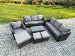 Fimous 10 Seater Rattan Lounge Sofa Set Outdoor Garden Furniture Set with Rectangular Coffee Table 3 Seater Sofa 3 Footstools in Dark Grey - thumbnail 2