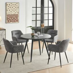 SONARA Black Marble Round Dining Table with 4 Faux Suede Dining Chairs Set in Grey