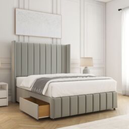 "BSSPOKE Zoe Divan Bed Plush Velvet 54""Headboard 2 Drawers Footend No Mattress in Silver - Size: Double"