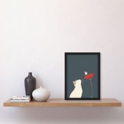 "Artery8 White Kitten with Rose Butterfly Artwork Cute Framed Art Print in Grey - Size: W12"" x H16""" - thumbnail 4