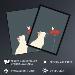 "Artery8 White Kitten with Rose Butterfly Artwork Cute Framed Art Print in Grey - Size: W12"" x H16""" - thumbnail 2