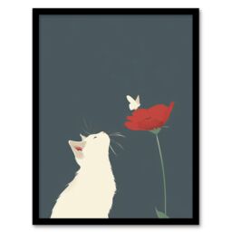 "Artery8 White Kitten with Rose Butterfly Artwork Cute Framed Art Print in Grey - Size: W12"" x H16""" - thumbnail 1