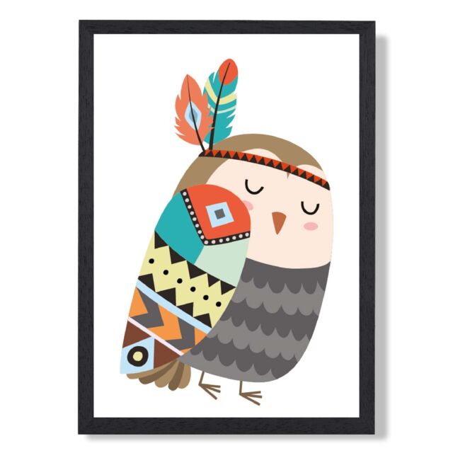 ARTZE Owl Tribal Animal Framed Print SIZE: A2 with Black Frame in Grey - Size: A4 - image 1