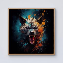 "Warren Reed - Designer Splashart Angry Hyena Face Framed Canvas in Light Brown - Size: W16"" x H16""" - thumbnail 1