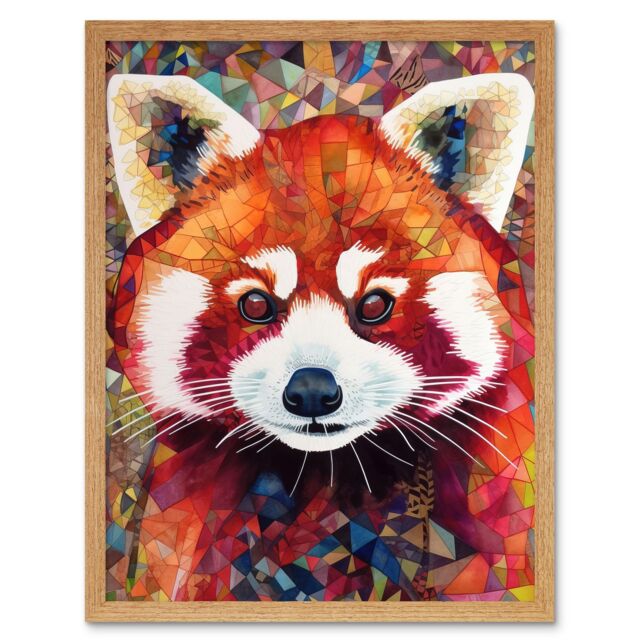 "Artery8 Wall Art Print Red Panda Portrait Multicoloured Folk Art Framed in Light Oak - Size: W12"" x H16""" - image 1