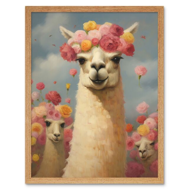 "Artery8 Wall Art Print The Llama Wedding Rose Bloom Flower Headdress Fun Artwork Kids Bedroom Art Framed in Light Oak - Size: W12"" x H16""" - image 1