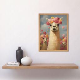 "Artery8 Wall Art Print The Llama Wedding Rose Bloom Flower Headdress Fun Artwork Kids Bedroom Art Framed in Light Oak - Size: W12"" x H16""" - thumbnail 2