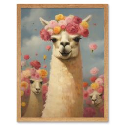 "Artery8 Wall Art Print The Llama Wedding Rose Bloom Flower Headdress Fun Artwork Kids Bedroom Art Framed in Light Oak - Size: W12"" x H16""" - thumbnail 1