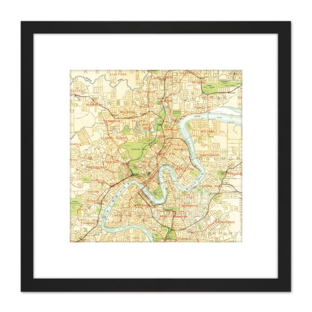 Artery8 Map Antique Gordon Gotch 1920 Brisbane City Plan Replica 8X8 Inch Square Wooden Framed Wall Art Print Picture with Mount in Black - image 1