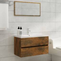 Berkfield Home Sink Cabinet Smoked Oak 80x38.5x45 cm Engineered Wood in Brown - thumbnail 3