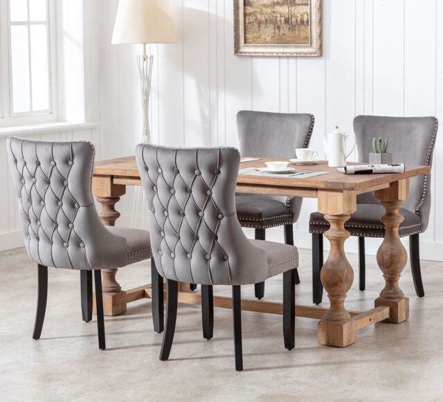 HomeTouch Sierra Set of 4 Luxe Velvet Dining Chairs Tufted Kitchen Chairs with High Wing Back & Oak Wood Legs in Grey - Size: 4 Pack - image 1