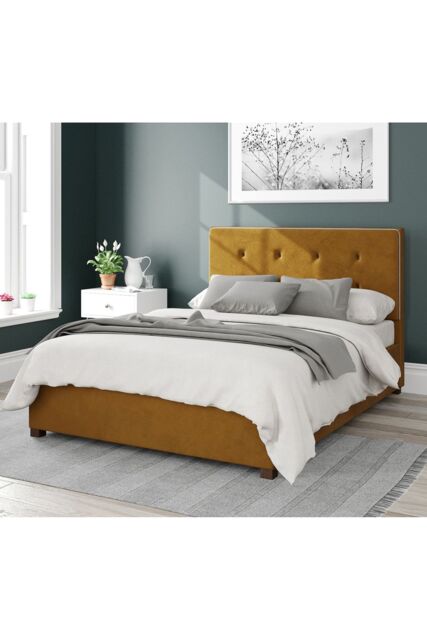 Aspire Presley Upholstered Ottoman Storage Bed, Plush Velvet Fabric in Mustard - Size: Double - image 1