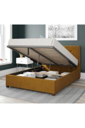 Aspire Presley Upholstered Ottoman Storage Bed, Plush Velvet Fabric in Mustard - Size: Double - thumbnail 2