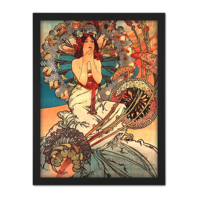 "Artery8 Wall Art Print Mucha Art Nouveau Woman Floral Large Framed Wall Décor Art in Brown - Size: W18"" x H24""" - image 1