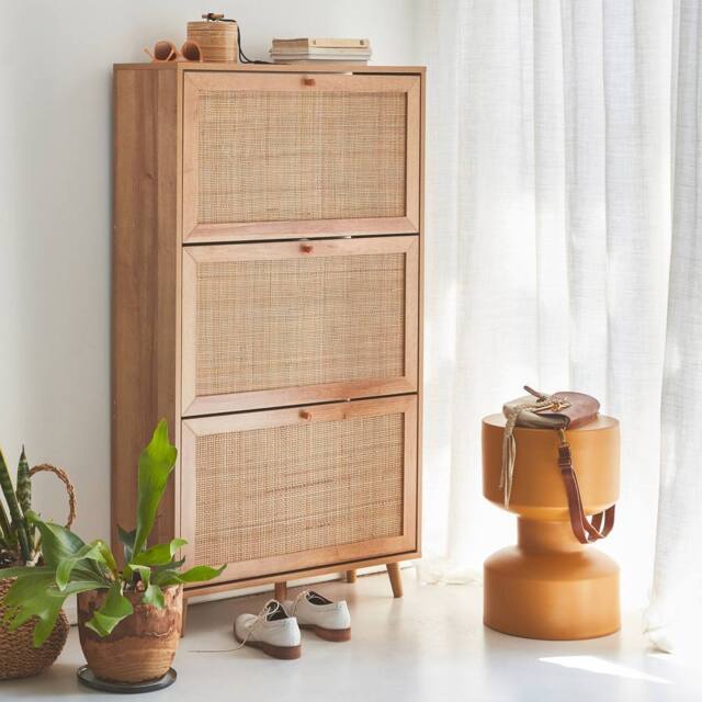 sweeek Shoe cabinet with 3 drawers wood decor & cane in Beige - image 1