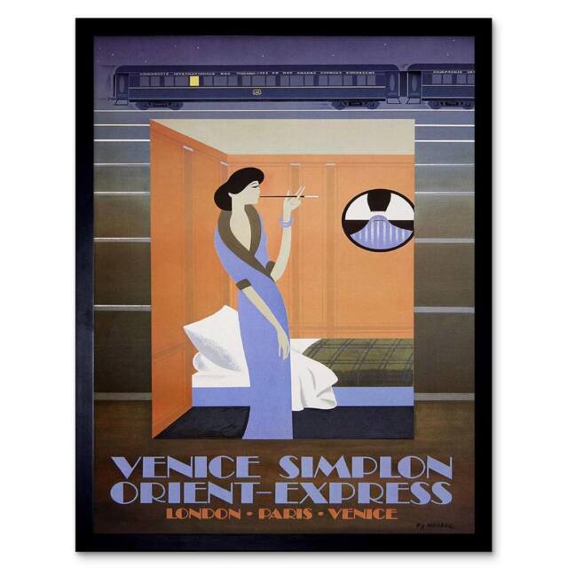 "Artery8 Travel Rail Train Orient Express Venice London Paris Retro Framed Art in Blue - Size: W12"" x H16""" - image 1