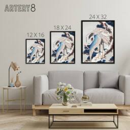 "Artery8 Cranes On A Snowy Tree Framed Canvas Wall Art Print Katsushika Hokusai in Blue - Size: W12"" x H16""" - thumbnail 4