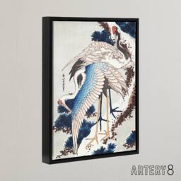 "Artery8 Cranes On A Snowy Tree Framed Canvas Wall Art Print Katsushika Hokusai in Blue - Size: W12"" x H16""" - thumbnail 2