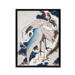 "Artery8 Cranes On A Snowy Tree Framed Canvas Wall Art Print Katsushika Hokusai in Blue - Size: W12"" x H16""" - thumbnail 1