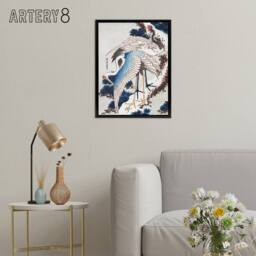 "Artery8 Cranes On A Snowy Tree Framed Canvas Wall Art Print Katsushika Hokusai in Blue - Size: W12"" x H16""" - thumbnail 3