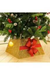 Living and Home Square Christmas Tree Collar Basket Decor with Bow Tie in Gold - thumbnail 2