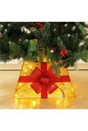 Living and Home Square Christmas Tree Collar Basket Decor with Bow Tie in Gold - thumbnail 3