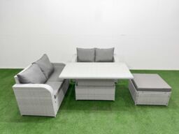 Fimous 5 Seater Outdoor Love Sofa Set Rattan Garden Furniture Set with Adjustable Lifting Dining or Coffee Table Big Footstool Light Grey - thumbnail 1