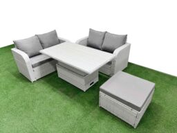 Fimous 5 Seater Outdoor Love Sofa Set Rattan Garden Furniture Set with Adjustable Lifting Dining or Coffee Table Big Footstool Light Grey - thumbnail 2