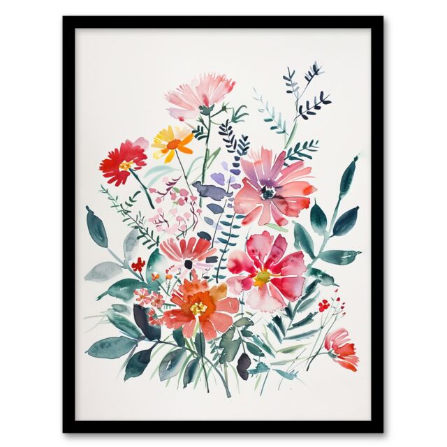 "Artery8 Boho Spring Flower Bouquet Pastel Watercolour Framed Art Print - Size: W12"" x H16""" - image 1