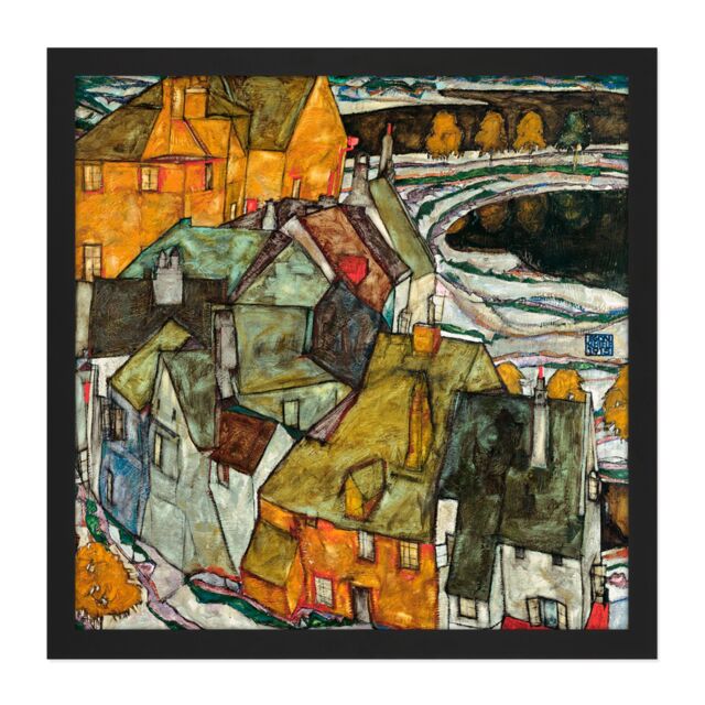 "Artery8 Wall Art Print Egon Schiele Crescent Of Houses II Island Town Cropped Square Framed Picture 16X16 Inch in Black - Size: W16"" x H16""" - image 1