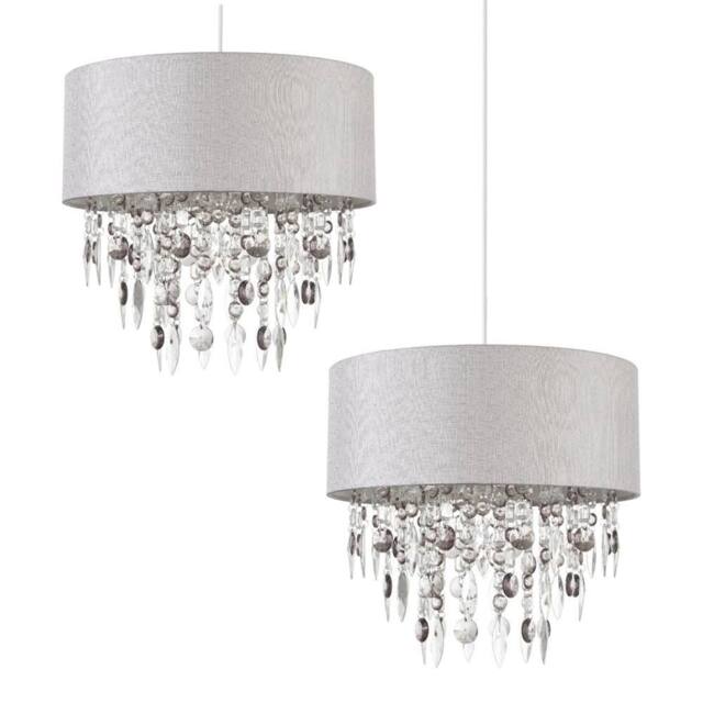 First Choice Lighting Pair of Large 40cm Easy Fit Shades in Grey with Acrylic Droplets in Silver - image 1