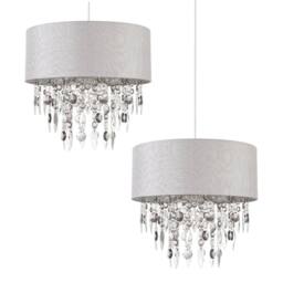 First Choice Lighting Pair of Large 40cm Easy Fit Shades in Grey with Acrylic Droplets in Silver - thumbnail 1